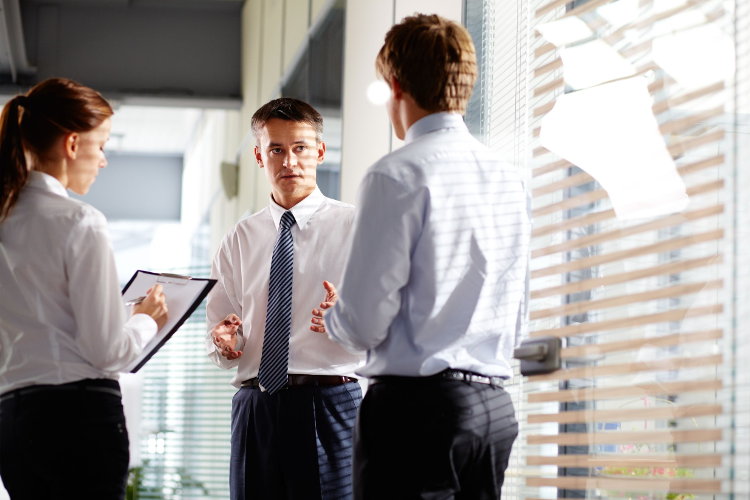 Employer discussing plans with interns