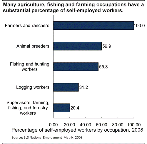 Many agriculture, fishing, and farming occupations have a substantial number of self employed workers.